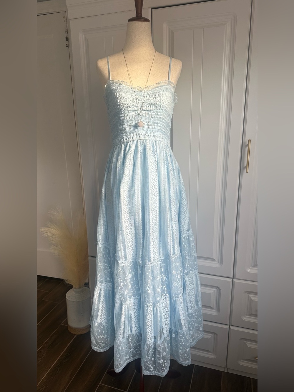 Pristine Altar'd State Blue Tami Lace Tiered Maxi Dress M